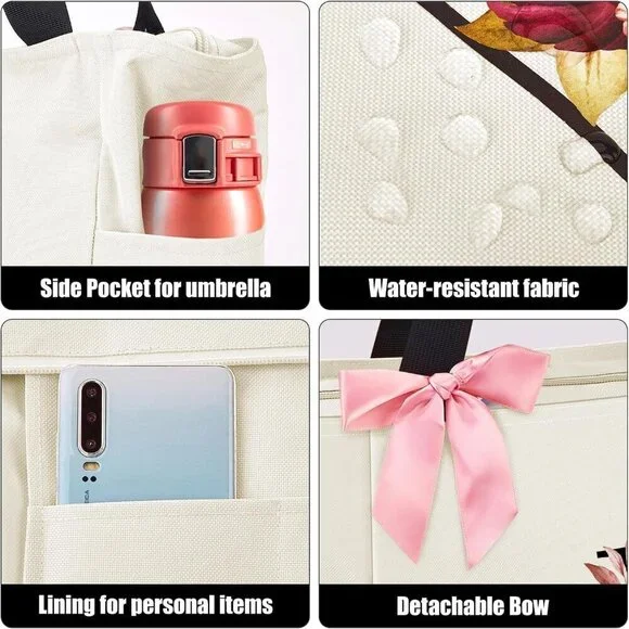 Waterproof Tote Bag Monogrammed Bridesmaid Gift Pink Floral Black Women - Picture 3 of 6